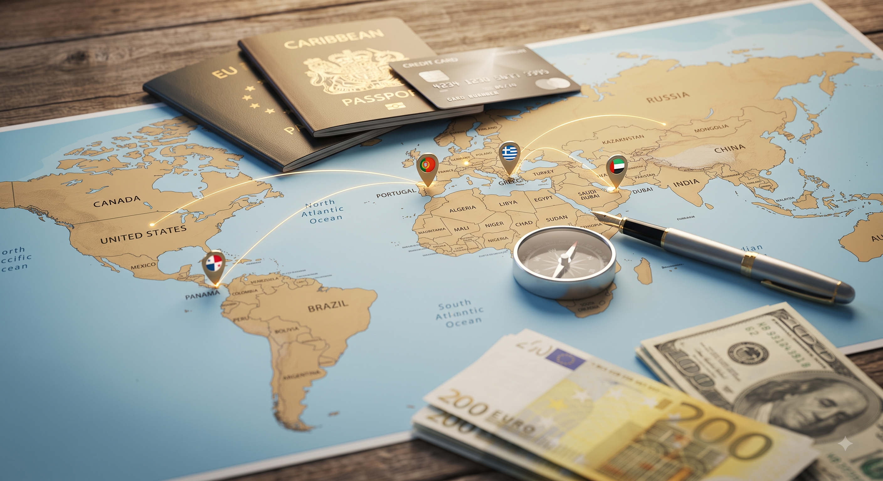 Map of world with location pins alongside passports and credit card illustrating global investment visa strategies.
