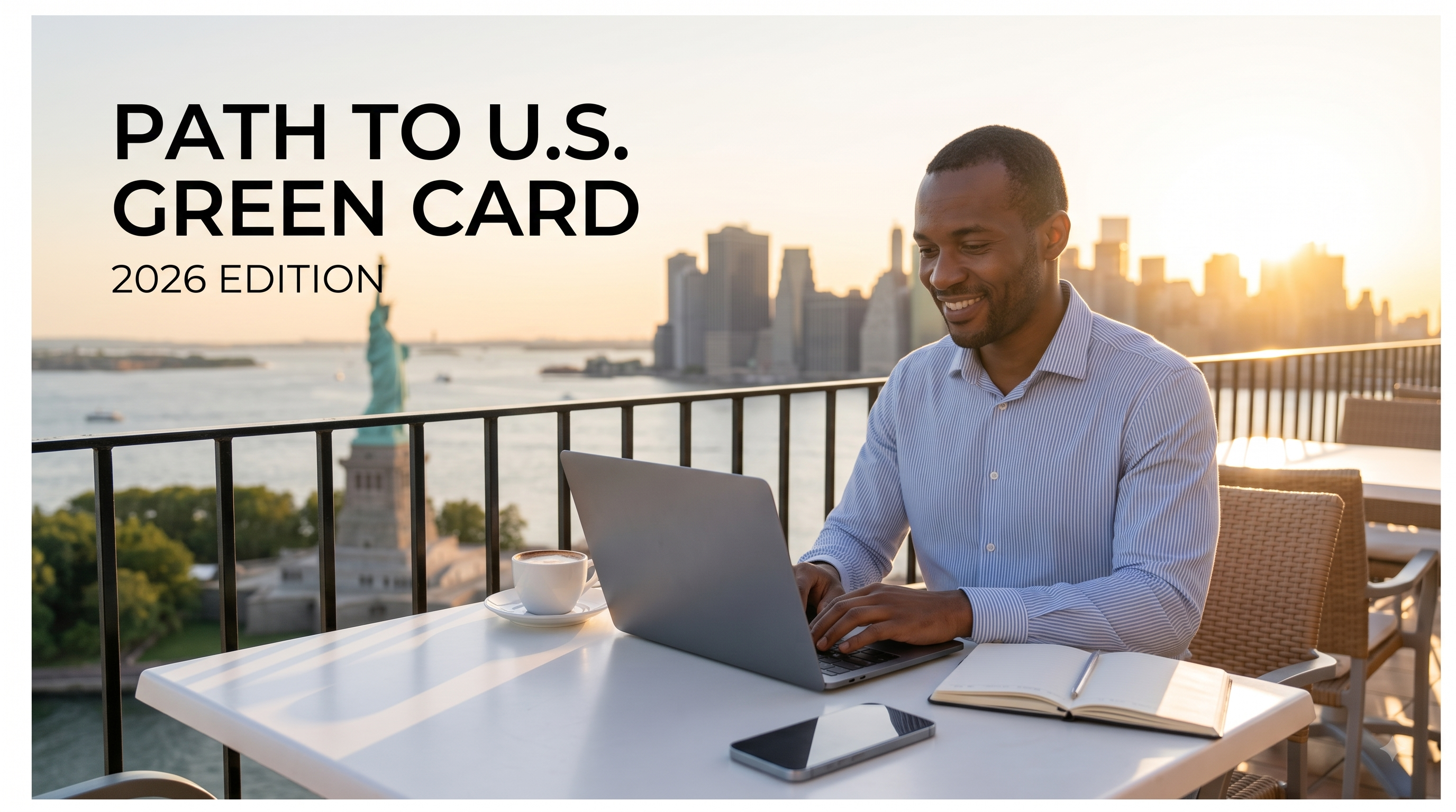 Professional man smiles while working on a laptop on a sunny balcony overlooking the Statue of Liberty and NYC skyline