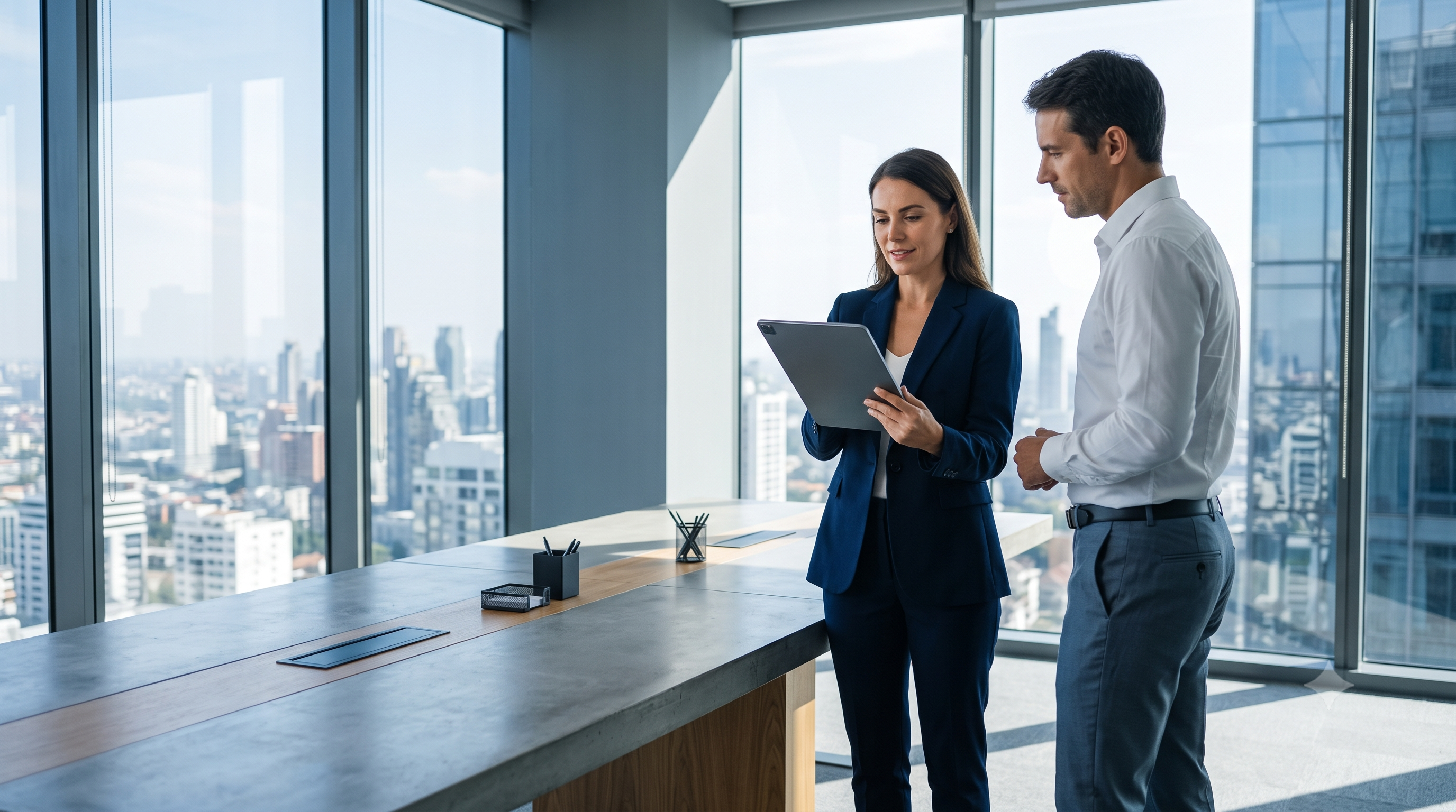Global startup founder evaluating Employer of Record expansion framework on a tablet overlooking a city skyline.