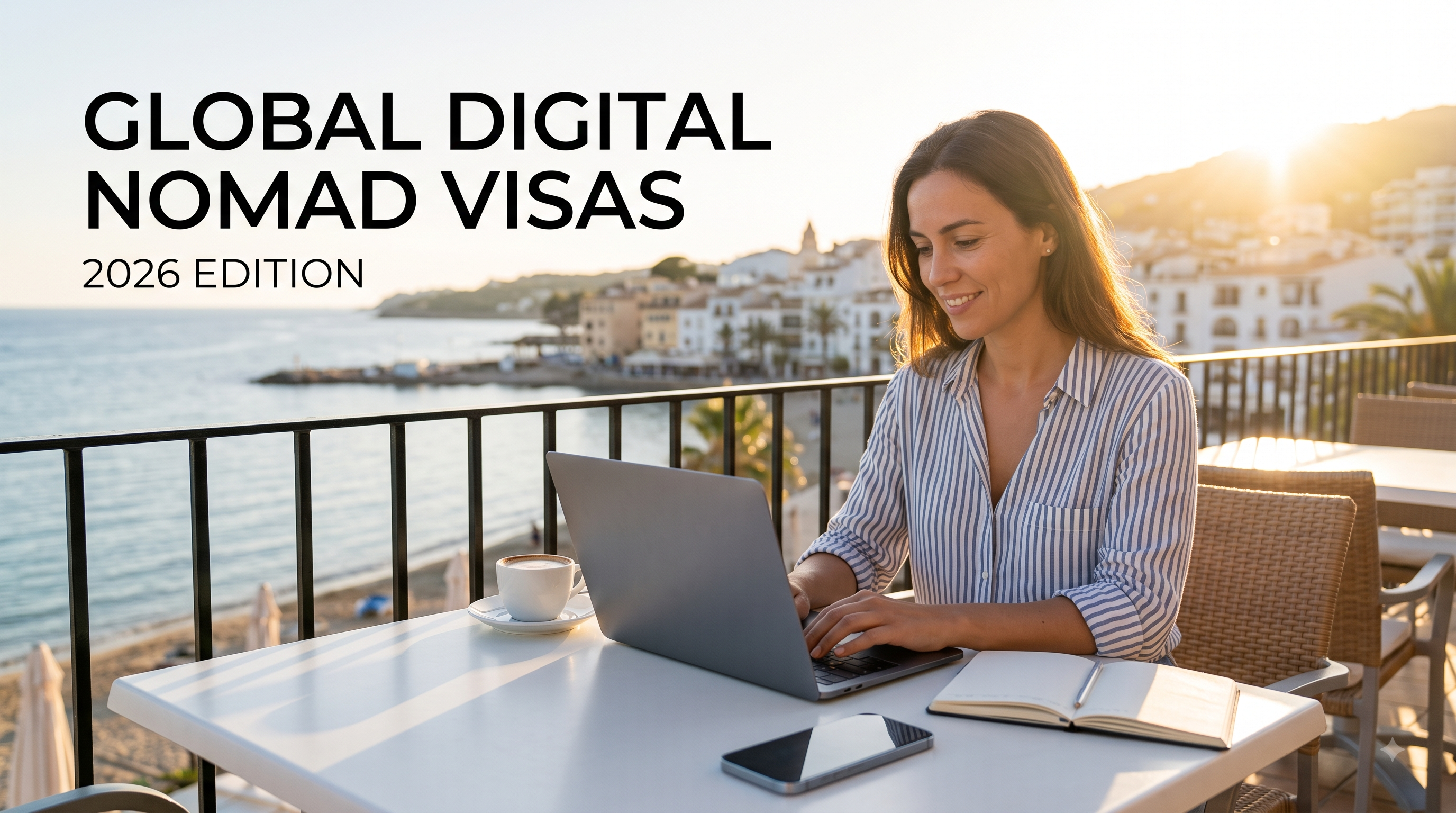 Digital nomad working on a laptop at a coastal terrace cafe representing digital nomad visas in 2026