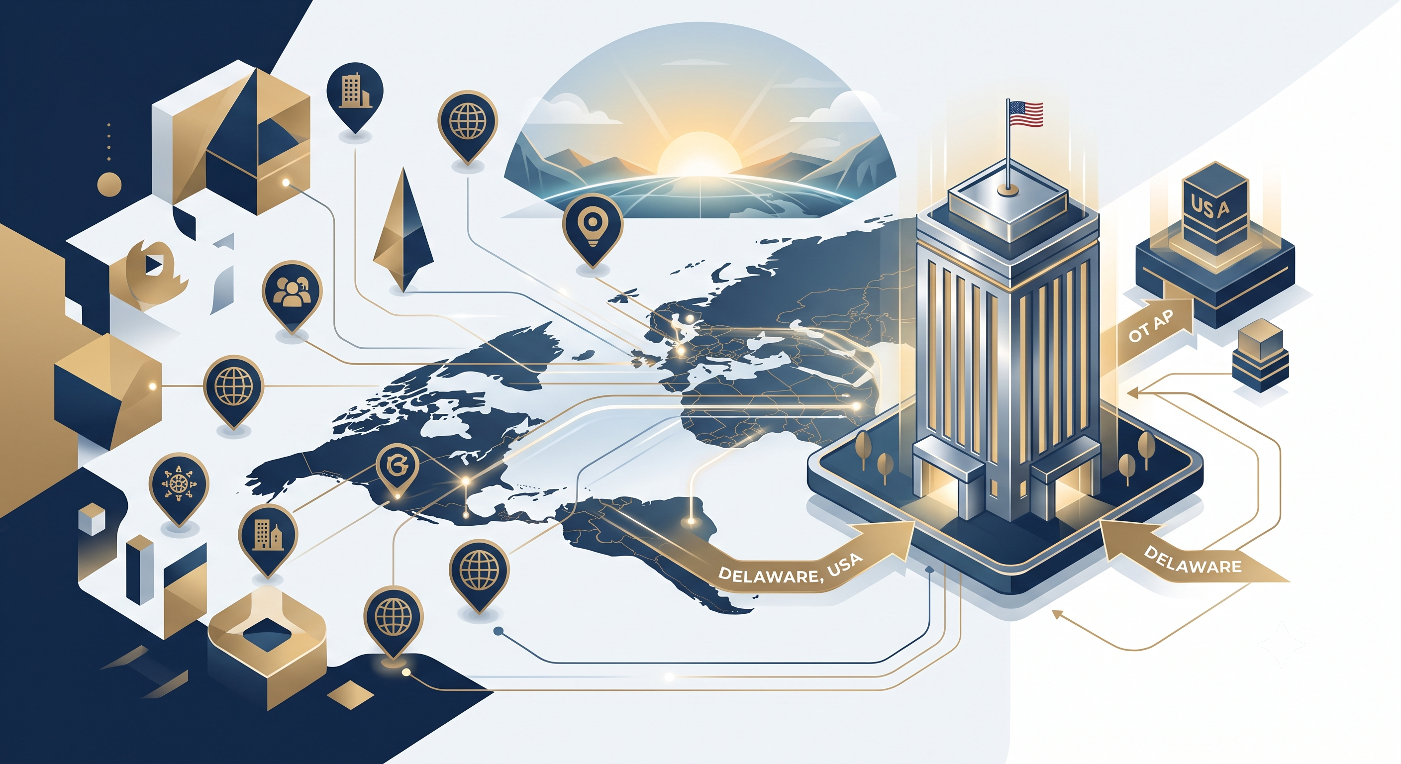 Diagram-style digital art depicting a foreign entity flipping ownership to a Delaware C Corporation holding company for venture capital investment.