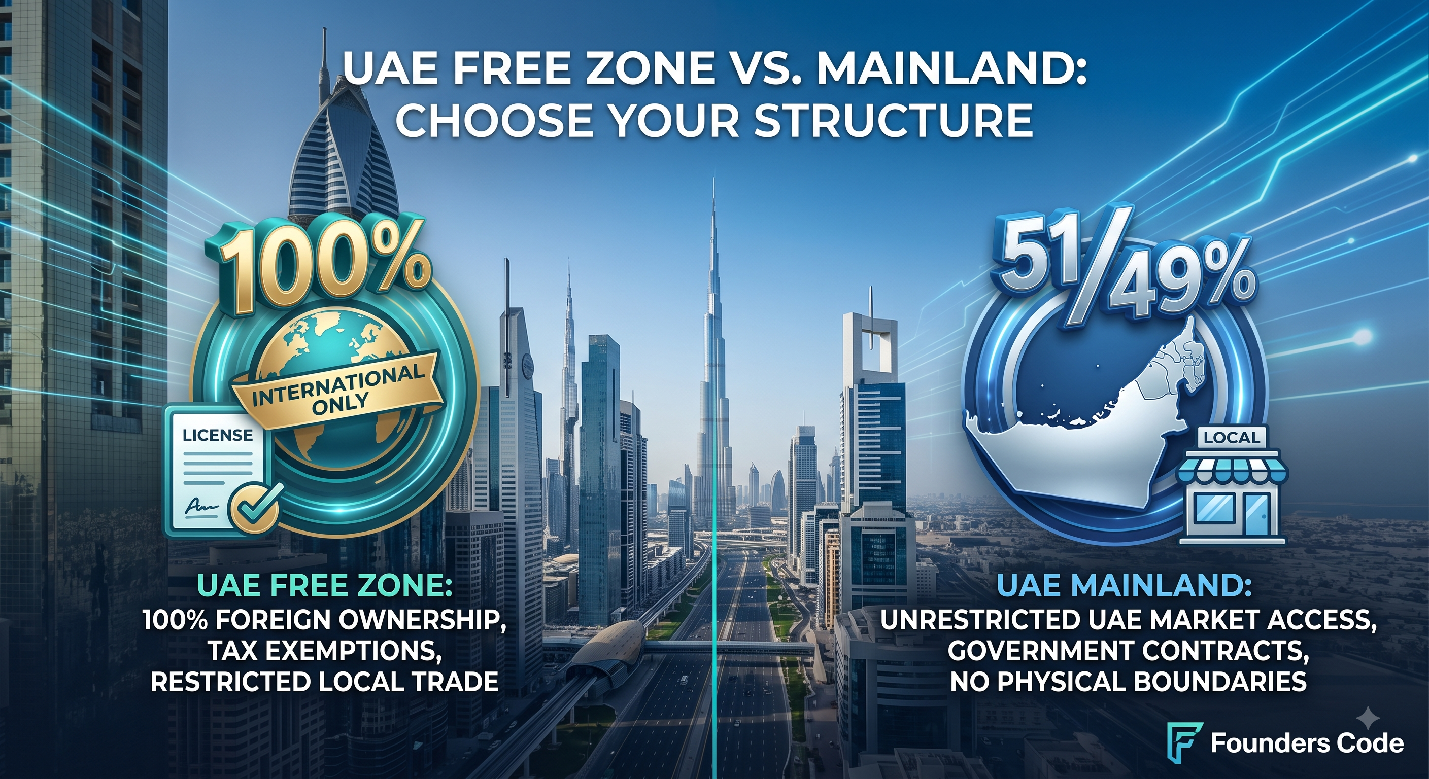 Modern Dubai skyline with abstract corporate network graphics illustrating business jurisdiction options.
