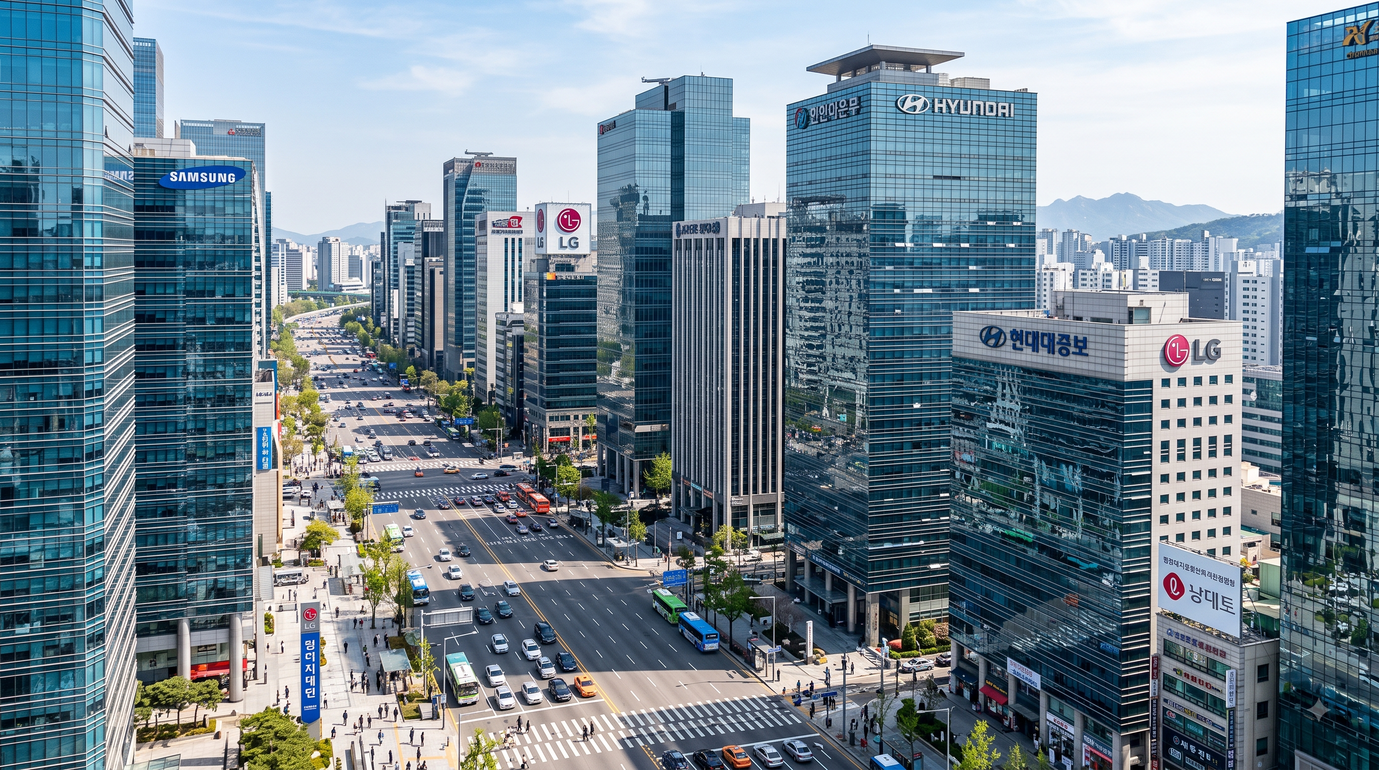 Modern glass high-rise commercial buildings and office skyscrapers in the Seoul business district, representing professional work and corporate investment in South Korea.